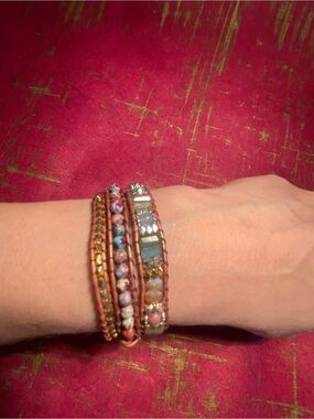 Boho Multi-Strand Beaded Wrap Bracelet in Pink and Brown